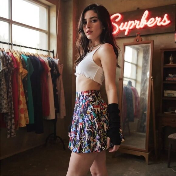 Living Legends Pleated Mini Skirt – by DC Multicolor Comic Print Superhero M - Picture 1 of 2